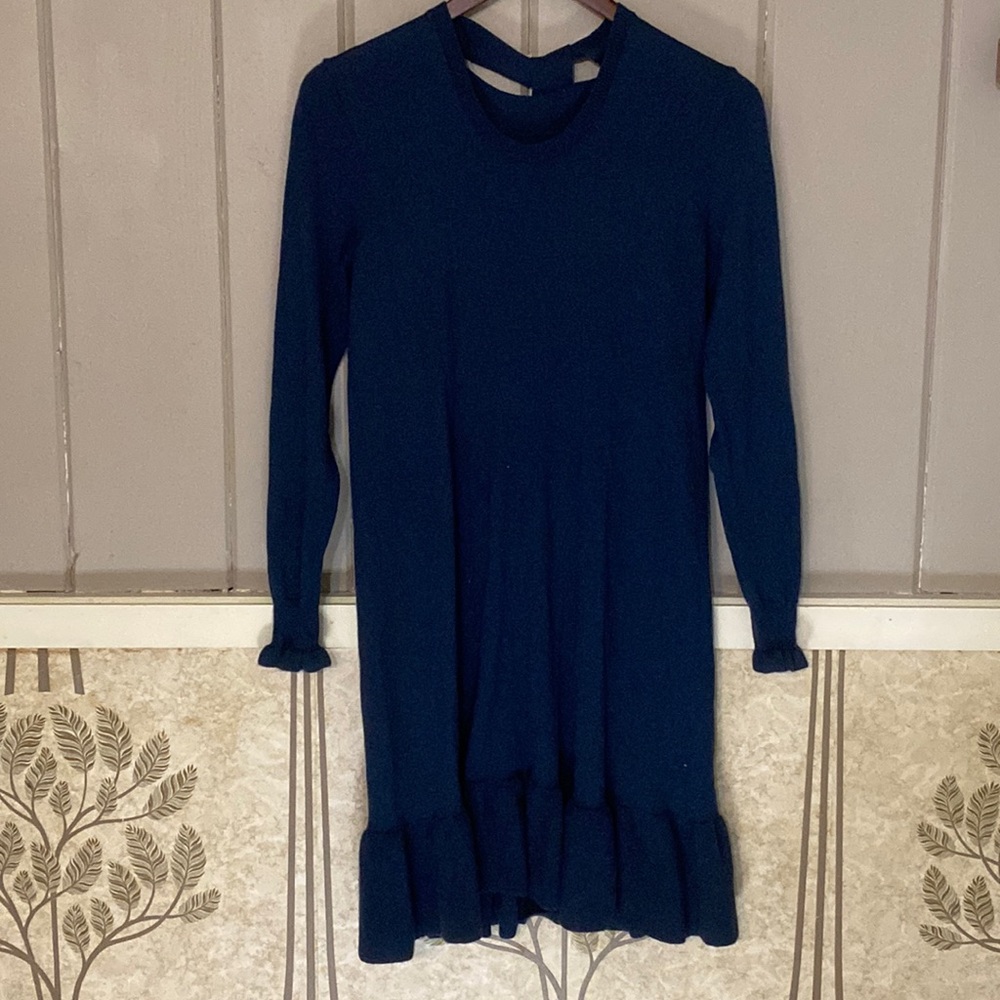 LOFT NWOT wool blend sweater midi dress w/ tie neck and ruffle sleeve and hem S